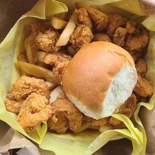 21 shrimp, roll, and fries