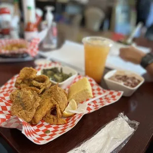 red Snapper with greens and red beans &amp; rice &amp; cornbread, strawberry lemonade