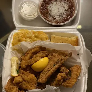 Fried Cajun Red Snapper Dinner Combo with Mac n cheese &amp; red beans n rice sides