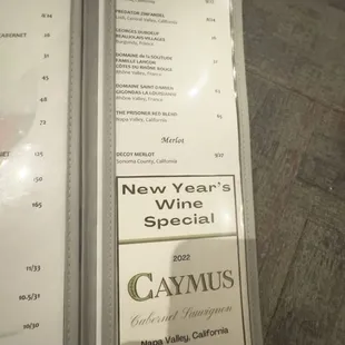 Part of the wine list