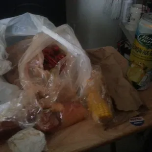 POtatoes,  corn, smoke sausage,  and crawfish! !
