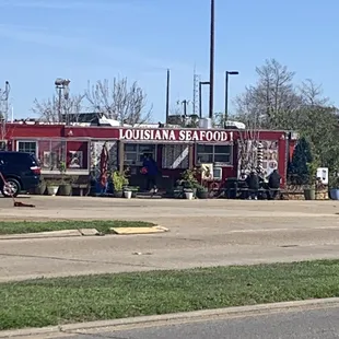 a red and white food truck