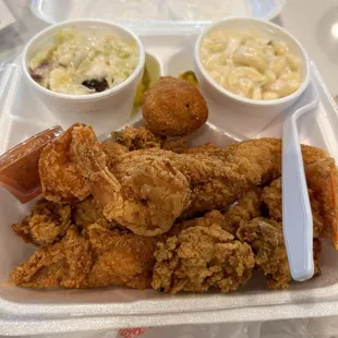 combo special: 2 pc catfish, 4 jumbo shrimp, few oysters, cole slaw, macaroni salad