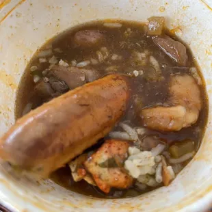 Gumbo- rice, sausage, shrimp, crab legs