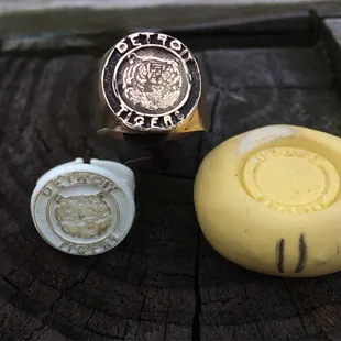 Original ring, silicone mold and brass casting.