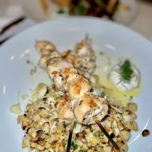Chicken skewers w/ roasted corn