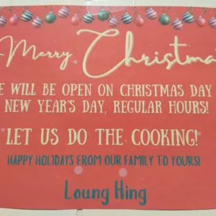 Open Christmas Eve and Christmas Day 2024 regular hours.
