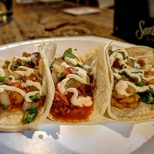 Homemade Chorizo Fajitas, Chipotle Shredded Chicken, and Mexican Corn. Tacos are 2$