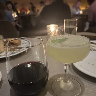 a glass of wine and a plate of food