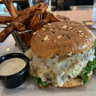 phenomenal brie burger with sweet potato fries