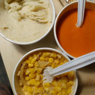 Mashed potatoes, tomato bisque, and corn maque choux.... All three were AWESOME!!!!