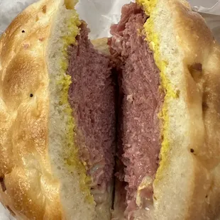 OMG!  Regular Corned Beef on an Onion Roll with Mustard &amp; Swiss Cheese. Russian Dressing on the side. Make it a combo for about $4.50.