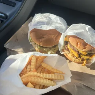 A single with everything, a double no onion, and XL fry