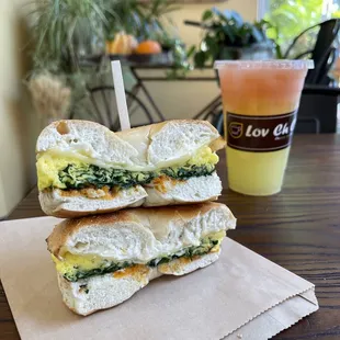 Vegetarian Bagel made Scrambled Eggs Spinach and Cheese