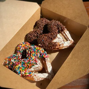 Churros "My Hearts" 4 Churro Hearts covered with Chocolate (2) Rainbow Sprinkles (2) Chocolate Sprinkles