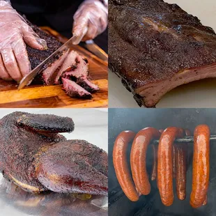 Our freshly smoked beef brisket, pork baby-back ribs, chicken, and beef/pork sausage.