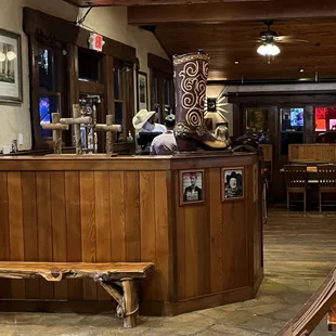 a bar with a wooden bench