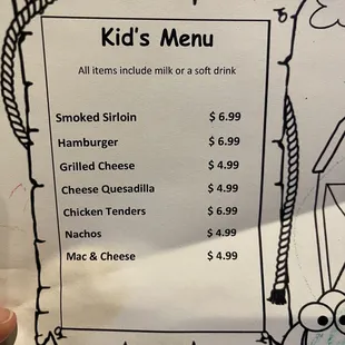 Kids menu