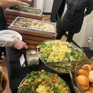 Buffet with freshly made salads, rolls, entrees and sides.  All delicious!!