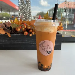 Pumpkin Spice Cheese Mousse Thai Tea with Boba Pearls