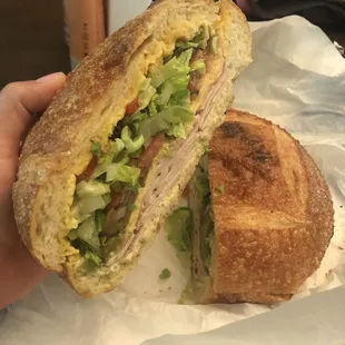 a person holding a sandwich