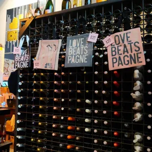 a rack of wine bottles