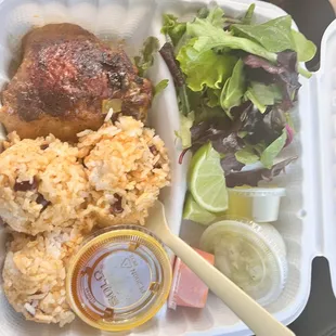 Chicken, rice and salad.