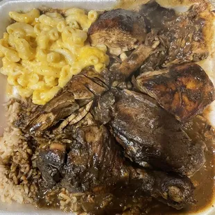 Jerk chicken, rice and peas, Mac and cheese