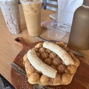 Cookie butter bubble waffle, Cookies and Cream Frappe, and a caramel almond milk latte.