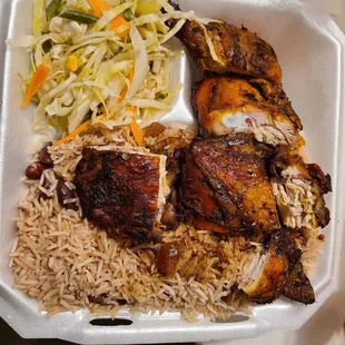 Jerk Chicken, large order. Very tasty, tender.
