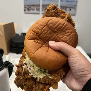 If you ever, EVER wonder if the Hot Chicken Sandwich is worth $15, you basically get the chicken of TWO sandwiches in one.