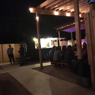 a group of people sitting outside at night