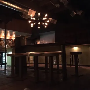 a dimly lit bar with stools