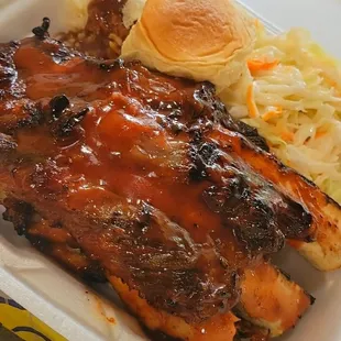 Lunch Special Combo:  Rib Bones (2Beef or 4-5Pork), Chicken Leg Quarter (under the ribs), 2 Sides (chose Coleslaw &amp; Rice/Gravy), &amp; Roll