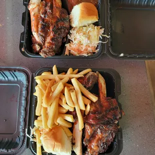 Beef ribs. Under is chicken,  side if slaw and mash with bread. 2nd plate is beef and pork ribs with fries and slaw with bread.