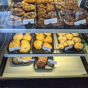 Pastry case. They also have lunch items.  Picture shows danishes and muffins in three rows including scones, cinnamon rolls and cookies.