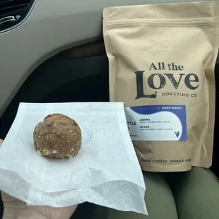 Dark roast beans and a white chocolate protein ball
