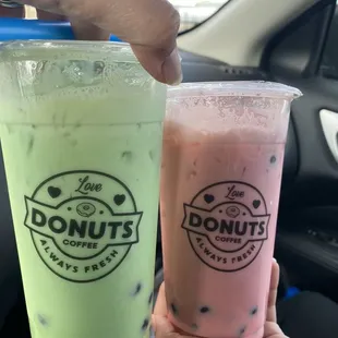 I got the Honeydew Milk Tea Boba and the kid got the Strawberry Milk Tea Boba.