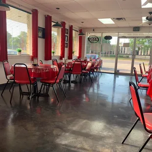 Clean dining area with table service