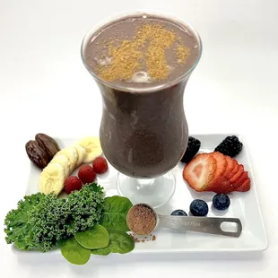 a chocolate smoothie with fruit and nuts