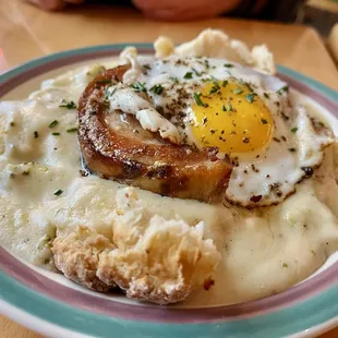 Broccoli &amp; cheese gravy, pork belly, egg and biscuit yumminess