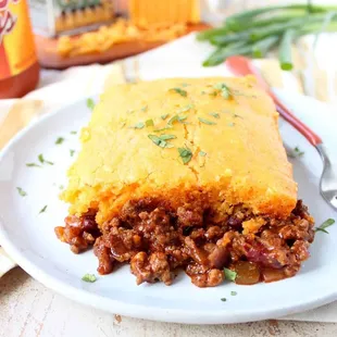a plate of chili cornbread casserole