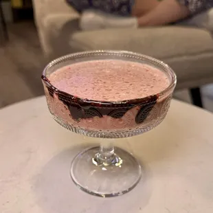 Cherry truffle martini - vodka, chocolate, heavy whipping cream, cherry juice, chocolate rim/sprinkles