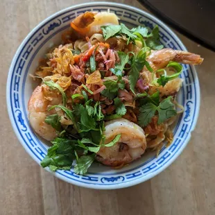Shrimp garlic noodles, Burmese style, half of my order reheated and garnished