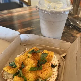Mango toast and vanilla frappe