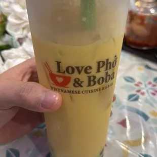Mango coconut milk tea with tapioca boba