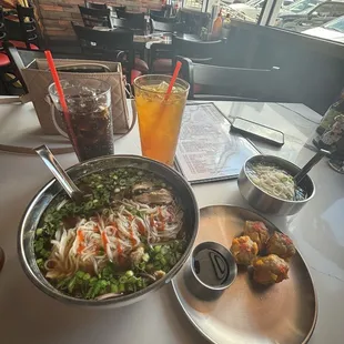 Chicken pho , pork dumplings