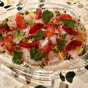 Flounder crudo with mint, and capers and blood orange