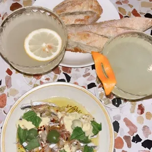 Anchovies, cocktails (bees knees and another)