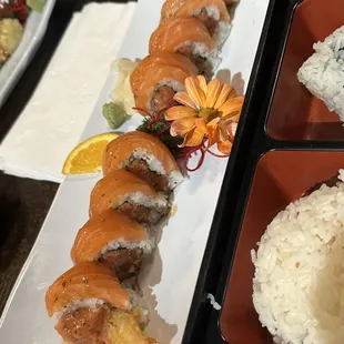 Spicy tuna tempura shrimp roll with salmon on top